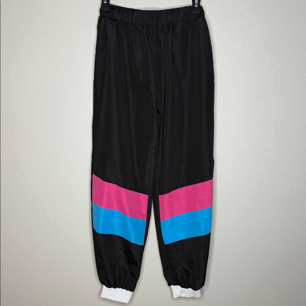 Retro Black Track Pants with Pink and Blue Stripes
